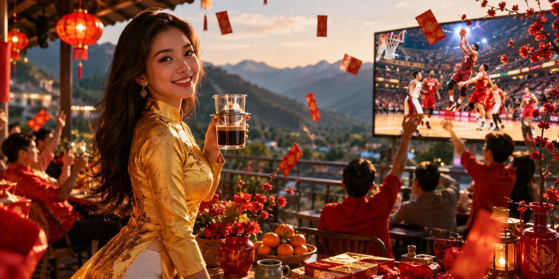 Người dùng tại Sa Pa kiểm tra ứng dụng cược bóng rổ trên điện thoại với trang phục áo dài